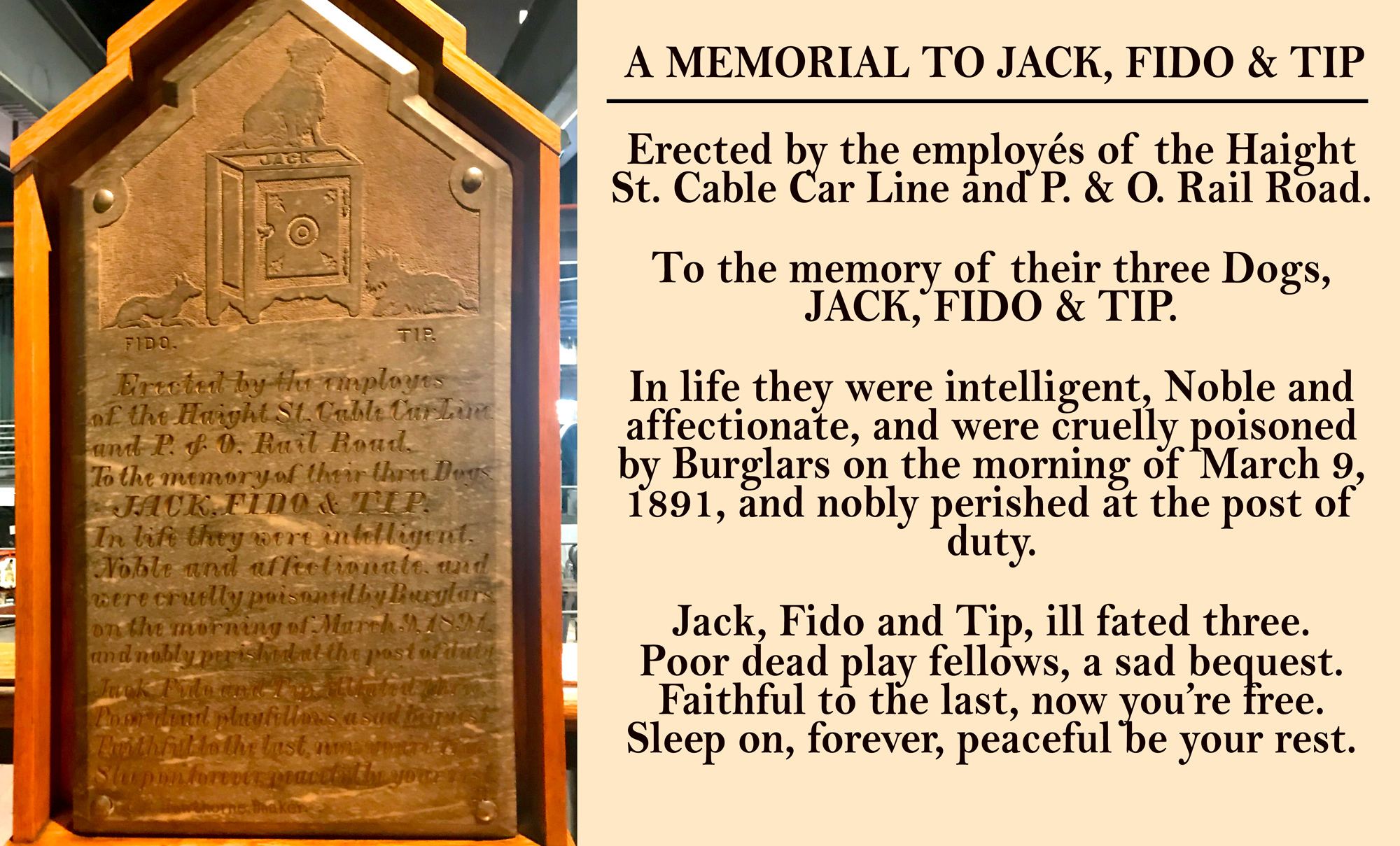 Historic marker for Jack, Fido, and Tip