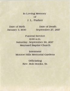 Inside page from the program from JL Parker's funeral