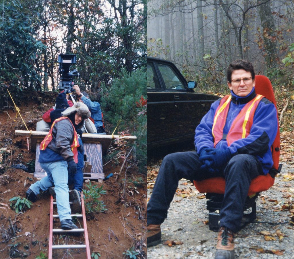 Some of the camera crew from Black Dog 2nd Unit setting up a position on the side of a mountain (1st AC Joe Thomas on the ladder). On the right is Mike Fedac who transitioned into camera from grip world.